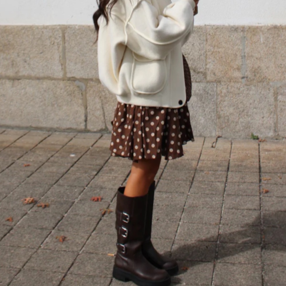 H&M brown polka dots A-line pleated mini skirt size 10